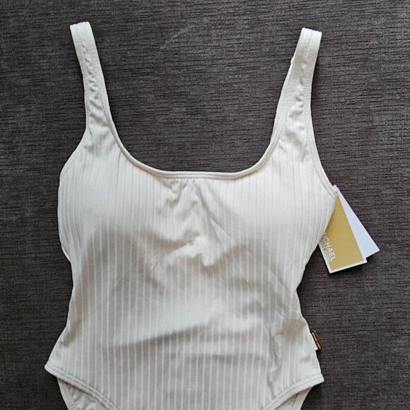 Michael Kors Women's bone Ribbed Square Tank One Piece Swimwear Swimsuit Size 8 - Picture 3 of 14